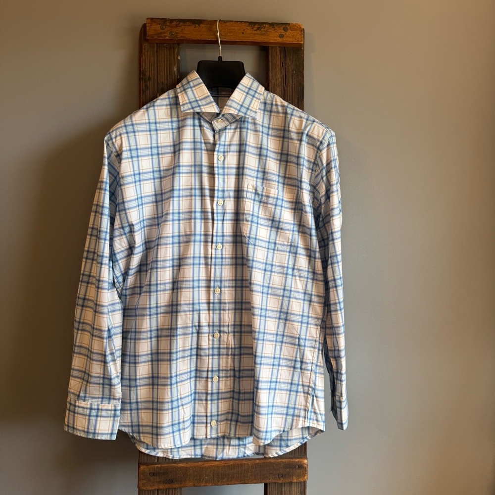 PETER MILLAR Mens Button Up Shirt Size L Blue White Tan Plaid Long Sleeve‎